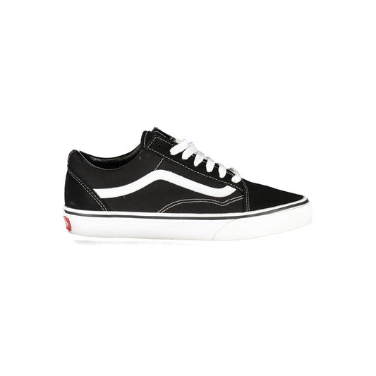Vans Black Leather Men Sneaker featuring signature side stripe in a sleek black and white design.