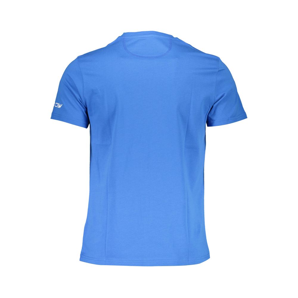 Back view of La Martina Blue Cotton Men T-Shirt with short sleeves and crew neck, showcasing elegant design and luxury fashion appeal.