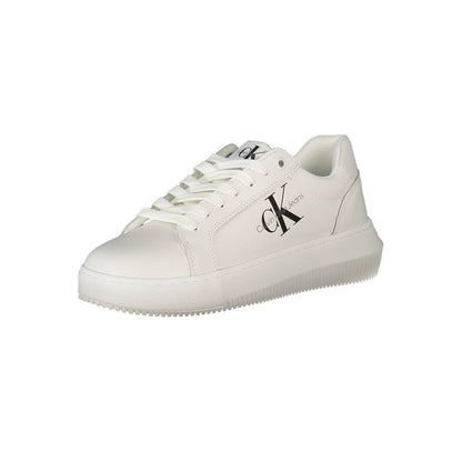 Calvin Klein White Polyester Women Sneaker with logo print and contrasting details, featuring sustainable 50% recycled polyester design.