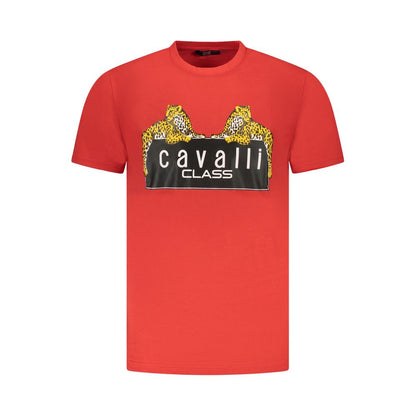 Cavalli Class Red Cotton Men T-Shirt with iconic logo and leopard print, short-sleeve crew neck showcasing luxury fashion.