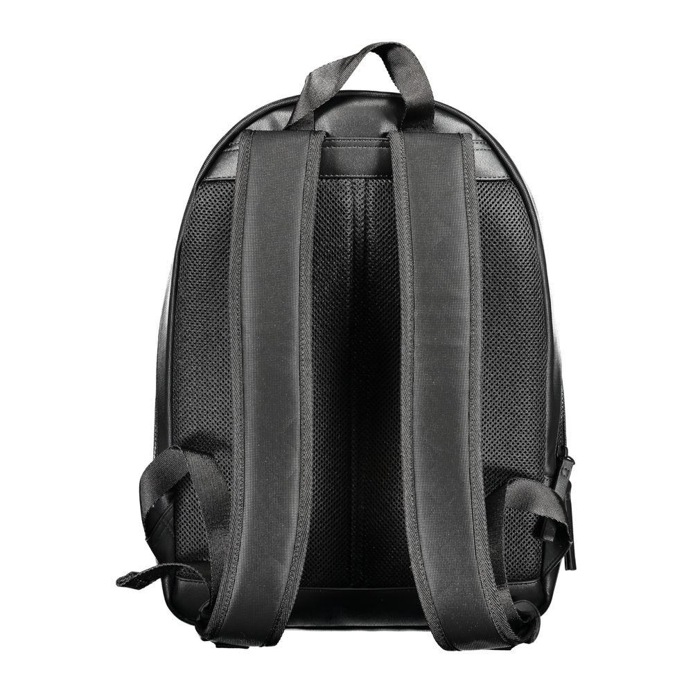 Rear view of Tommy Hilfiger Black Polyester Backpack with adjustable straps and recycled material, showcasing ergonomic design.