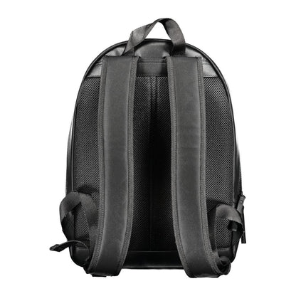 Rear view of Tommy Hilfiger Black Polyester Backpack with adjustable straps and recycled material, showcasing ergonomic design.