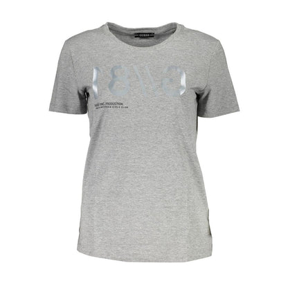 Guess Jeans Gray Cotton Women T-Shirt with short sleeves and wide neck, featuring standout print and logo on the front.