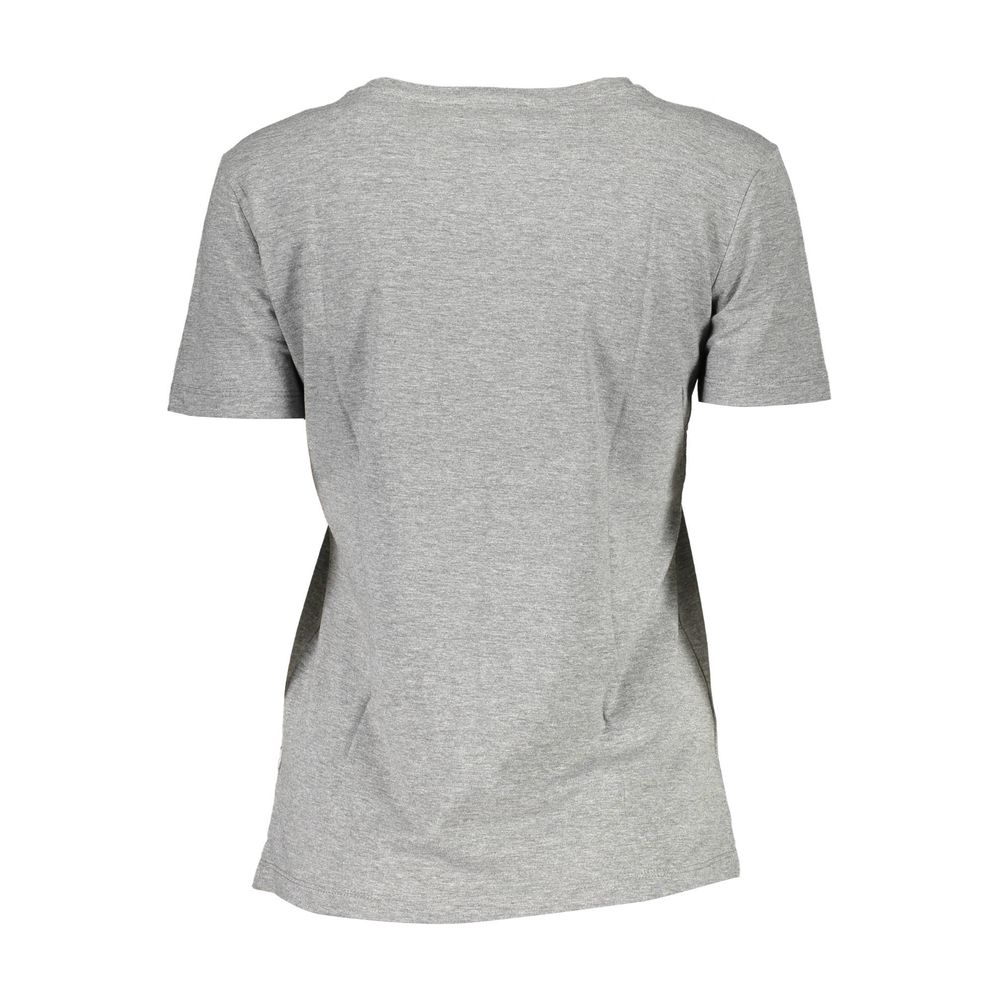 Back view of Guess Jeans Gray Cotton Women T-Shirt with short sleeves and wide neck design.