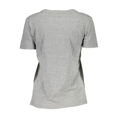 Back view of Guess Jeans Gray Cotton Women T-Shirt with short sleeves and wide neck design.