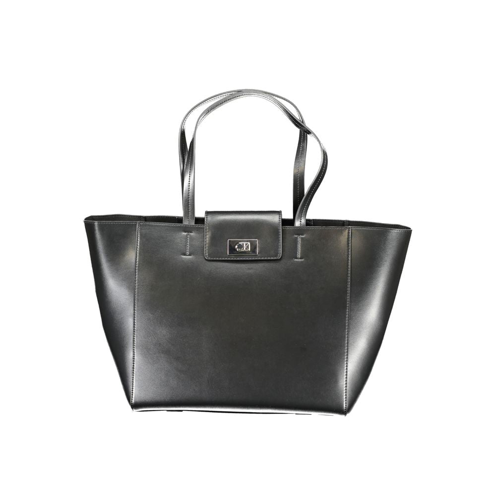 Calvin Klein Black Polyester Handbag with two shoulder handles, internal pocket, snap closure, and logo, made from recycled polyester.