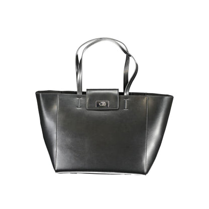 Calvin Klein Black Polyester Handbag with two shoulder handles, internal pocket, snap closure, and logo, made from recycled polyester.