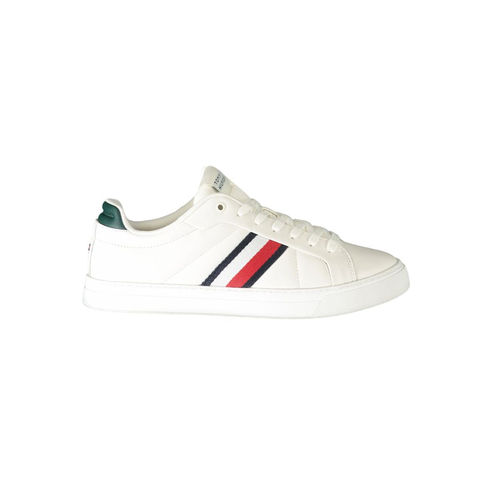 Tommy Hilfiger White Leather Men Sneaker with contrasting green accents and logo, blending comfort and style for modern trendsetters.