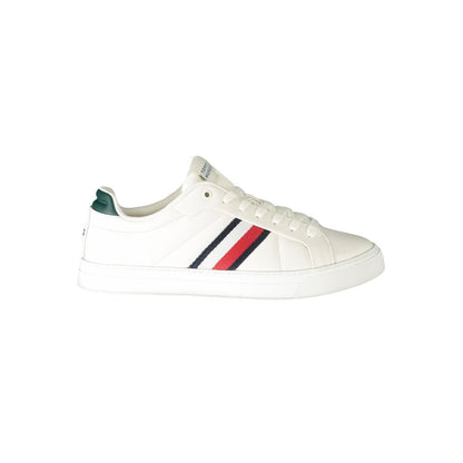 Tommy Hilfiger White Leather Men Sneaker with contrasting green accents and logo, blending comfort and style for modern trendsetters.