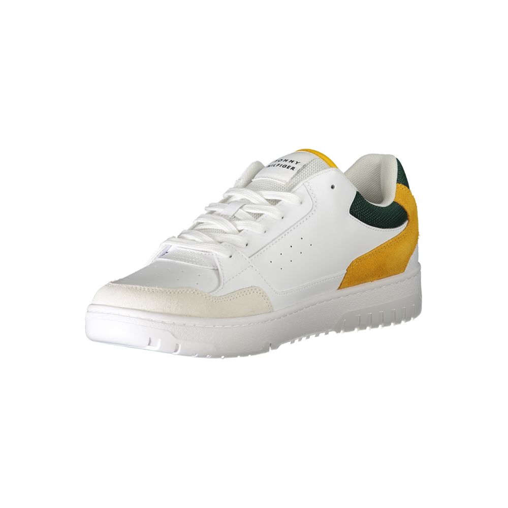 Tommy Hilfiger White Polyethylene Men Sneaker with green and mustard accents, perfect for style and comfort.