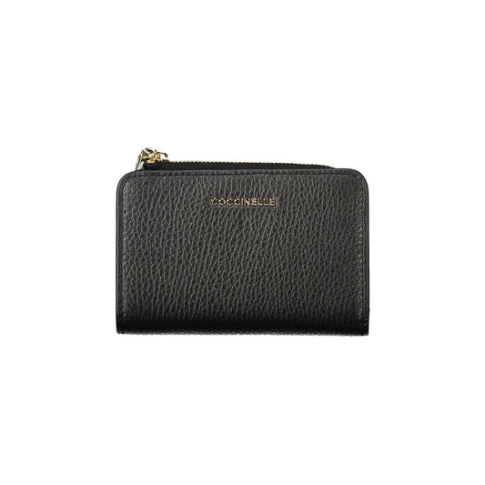 Coccinelle Black Leather Women Wallet with zip closure, embossed logo, showcasing elegant design and functionality.