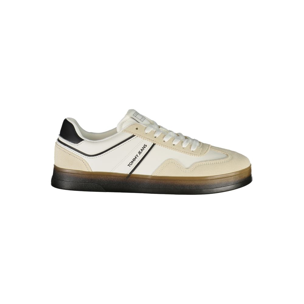 Tommy Hilfiger White Leather Men Sneaker with black accents and removable footbeds in a modern design.