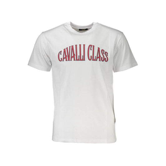 Cavalli Class White Cotton Men T-Shirt with bold logo, short sleeves, and classic crew neck design.