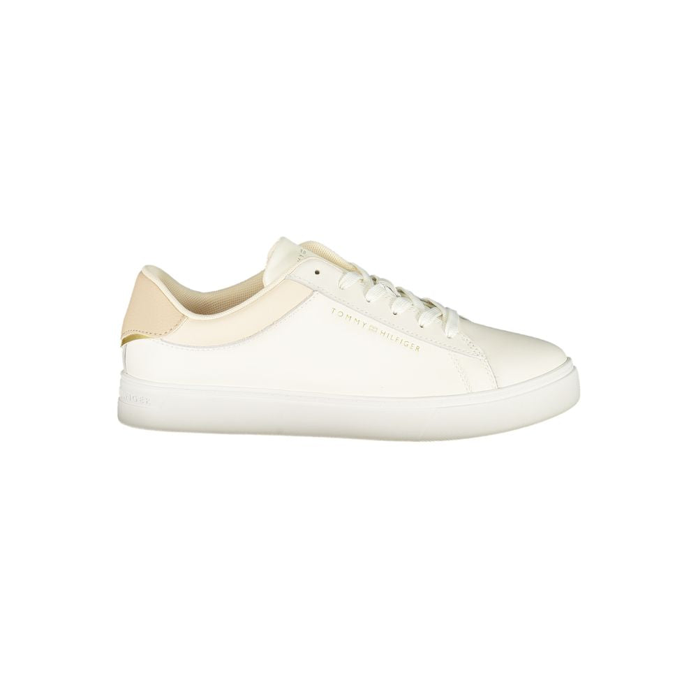 Tommy Hilfiger Beige Leather Women Sneaker with logo and contrasting details for a stylish look.