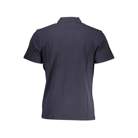 Back view of Napapijri Blue Cotton Men Polo Shirt showcasing short sleeves and tailored fit.