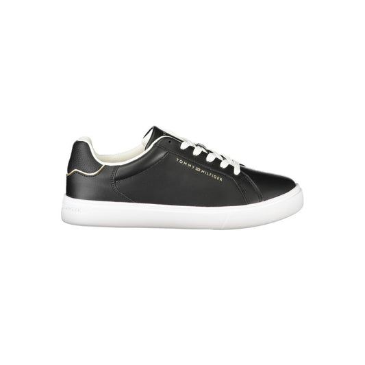 Tommy Hilfiger Black Leather Women Sneaker with contrast details and logo, side view showcasing chic lace-up design.