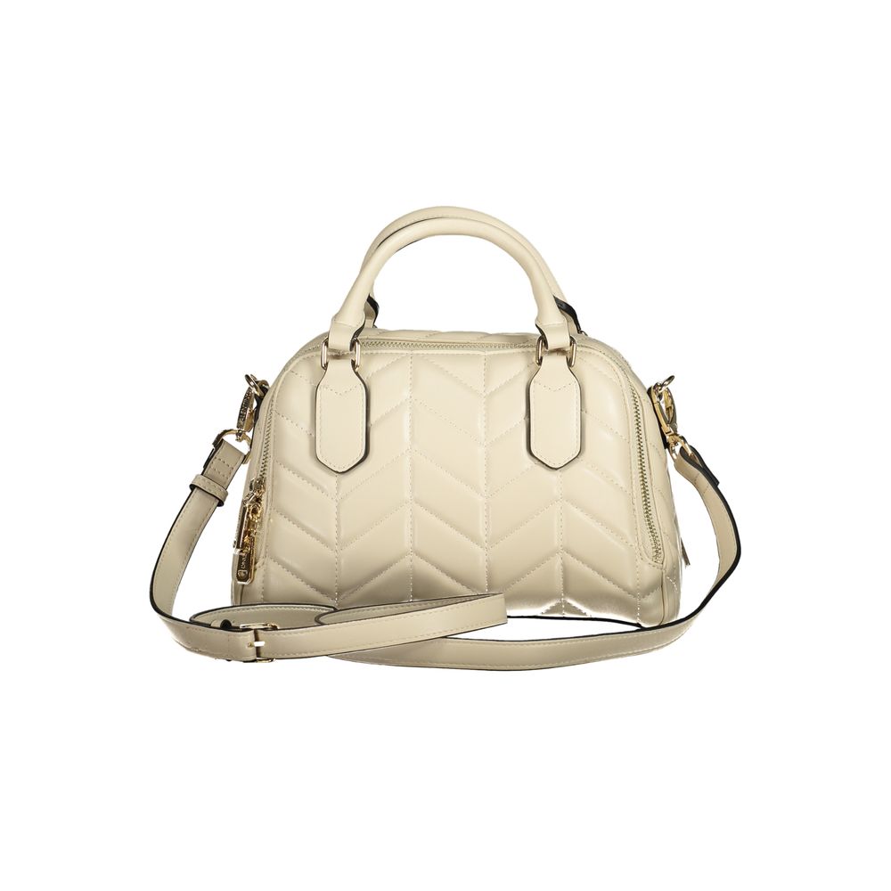 Mario Valentino Beige Polyethylene Women Handbag with dual-compartment design and iconic logo, crafted from recycled materials.