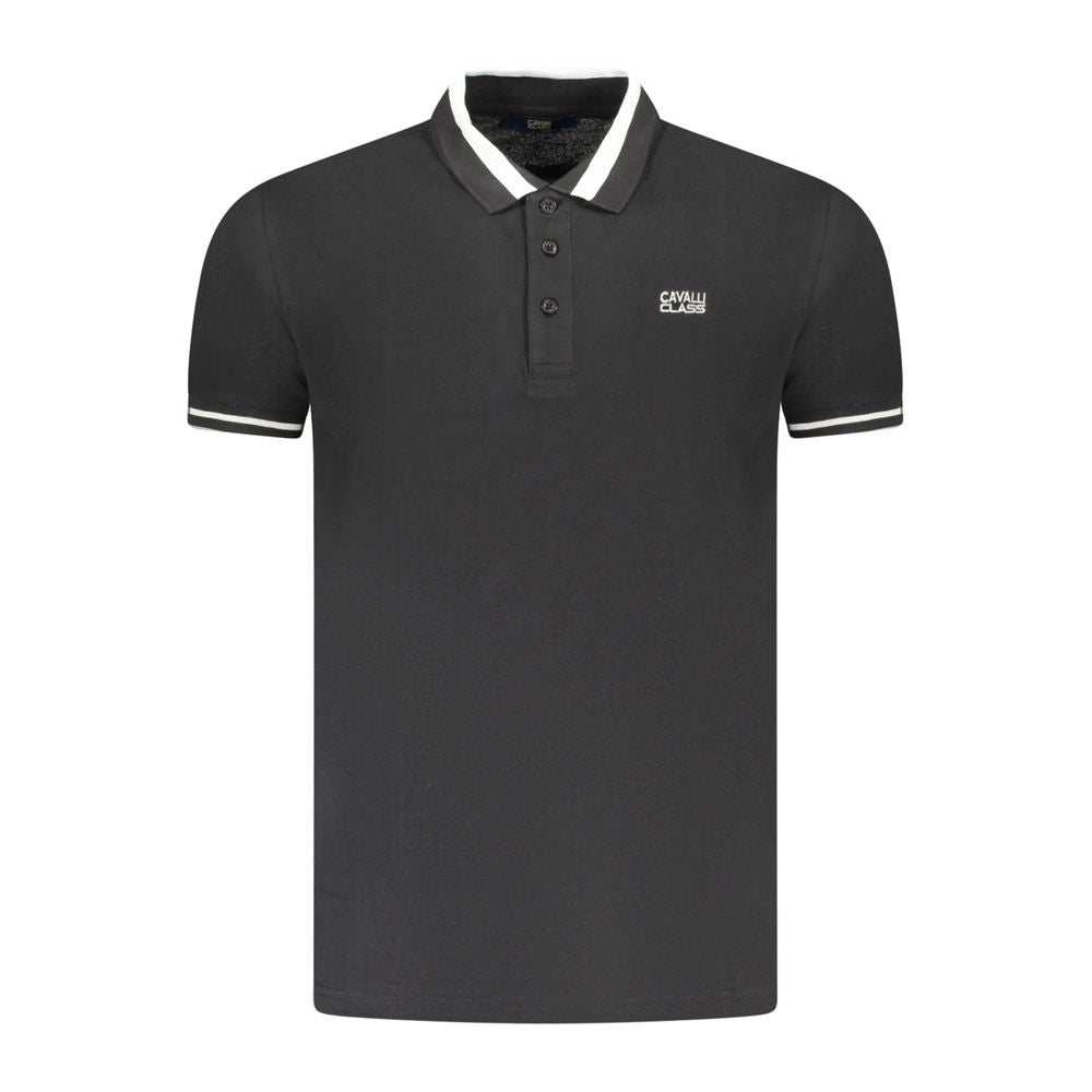 Cavalli Class Black Cotton Men Polo Shirt with embroidered logo and contrast buttons, luxury menswear, short sleeves, premium cotton