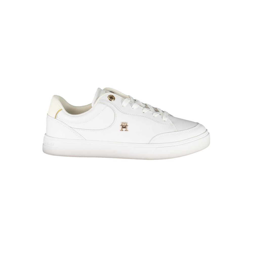 Tommy Hilfiger White Leather Women Sneaker with logo and ivory contrasts, showcasing stylish and comfortable athletic footwear.
