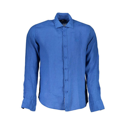 La Martina Blue Linen Men Shirt with long sleeves and French collar, featuring single-button cuffs and embroidered logo for a sophisticated look.