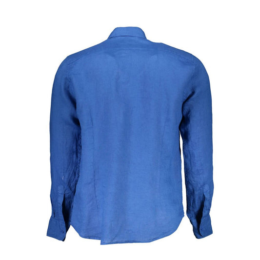 La Martina Blue Linen Men Shirt with French collar and embroidered logo