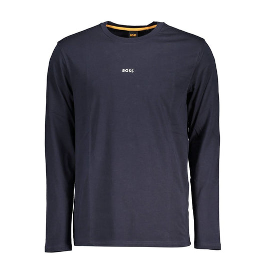 Hugo Boss Blue Cotton Men T-Shirt, long sleeve, crew neck with iconic logo, made from organic cotton and elastane, luxury feel.
