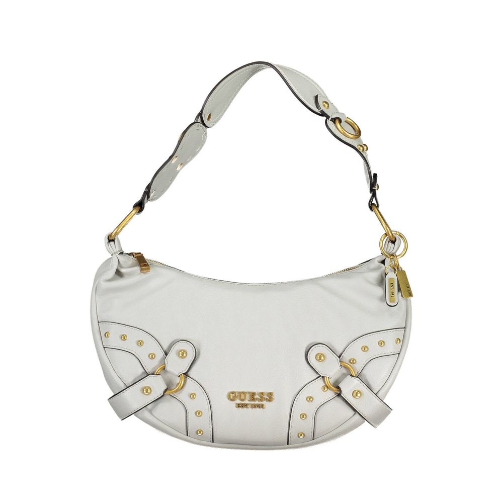 White Guess shoulder bag with gold accents, perfect for stylish outings.