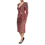 Dolce & Gabbana Pink Sequin Statement Nylon Midi V-Neck Dress