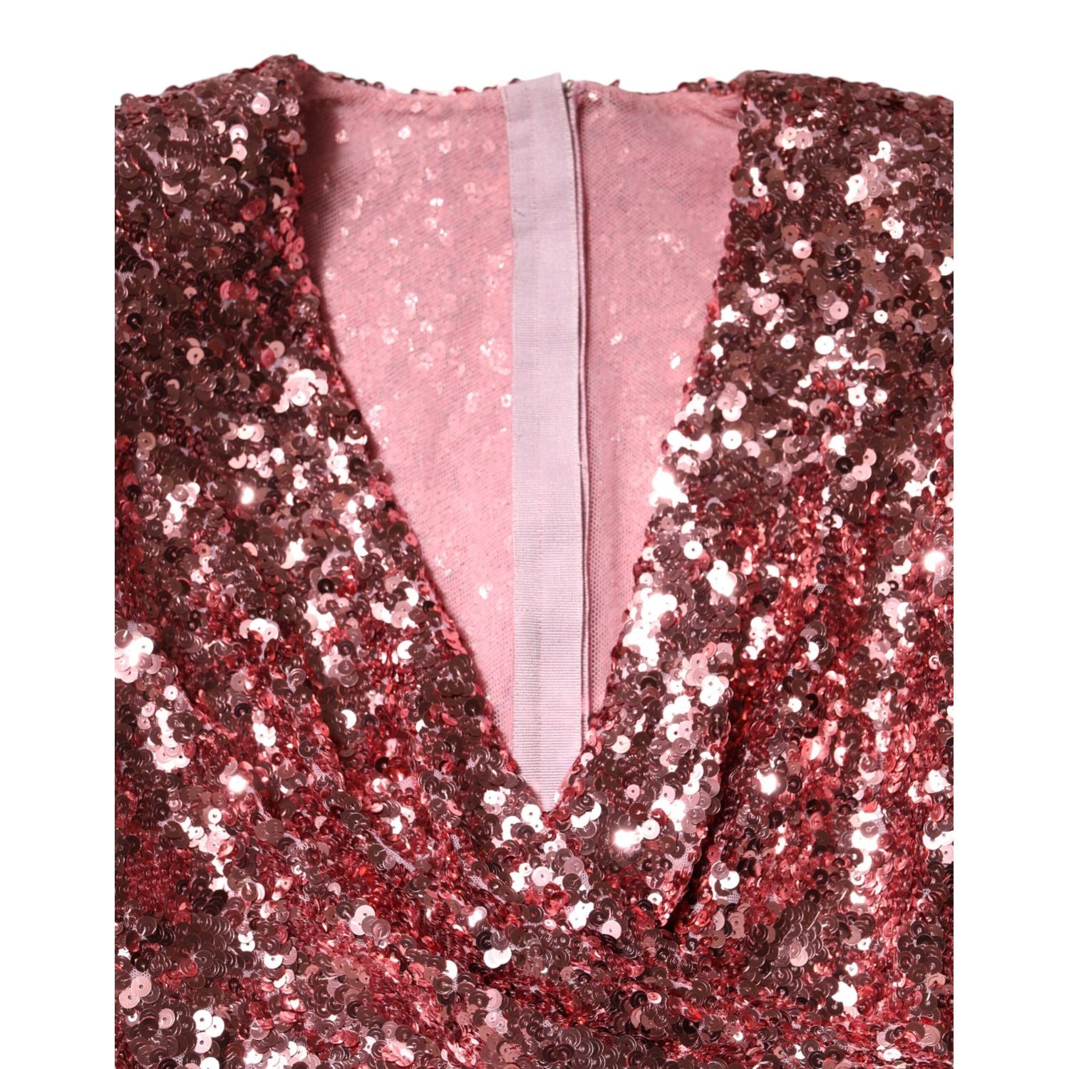 Dolce & Gabbana Pink Sequin Statement Nylon Midi V-Neck Dress
