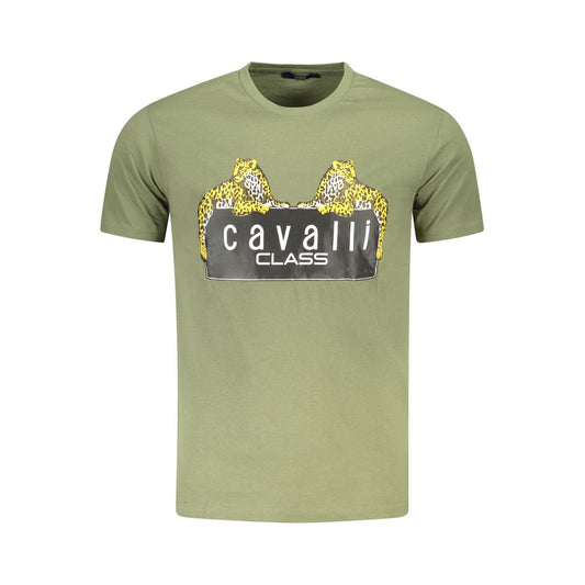 Cavalli Class Green Cotton Men T-Shirt with distinctive print and logo, stylish and comfortable crew neck tee for confident trendsetters.