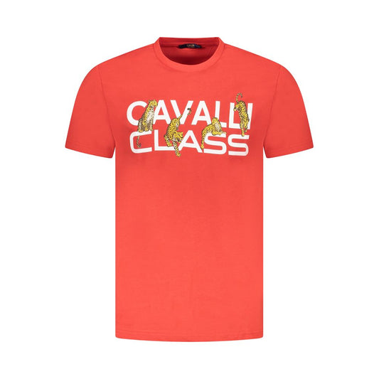 Cavalli Class Red Cotton Men T-Shirt featuring bold print and logo, crafted for comfort and style