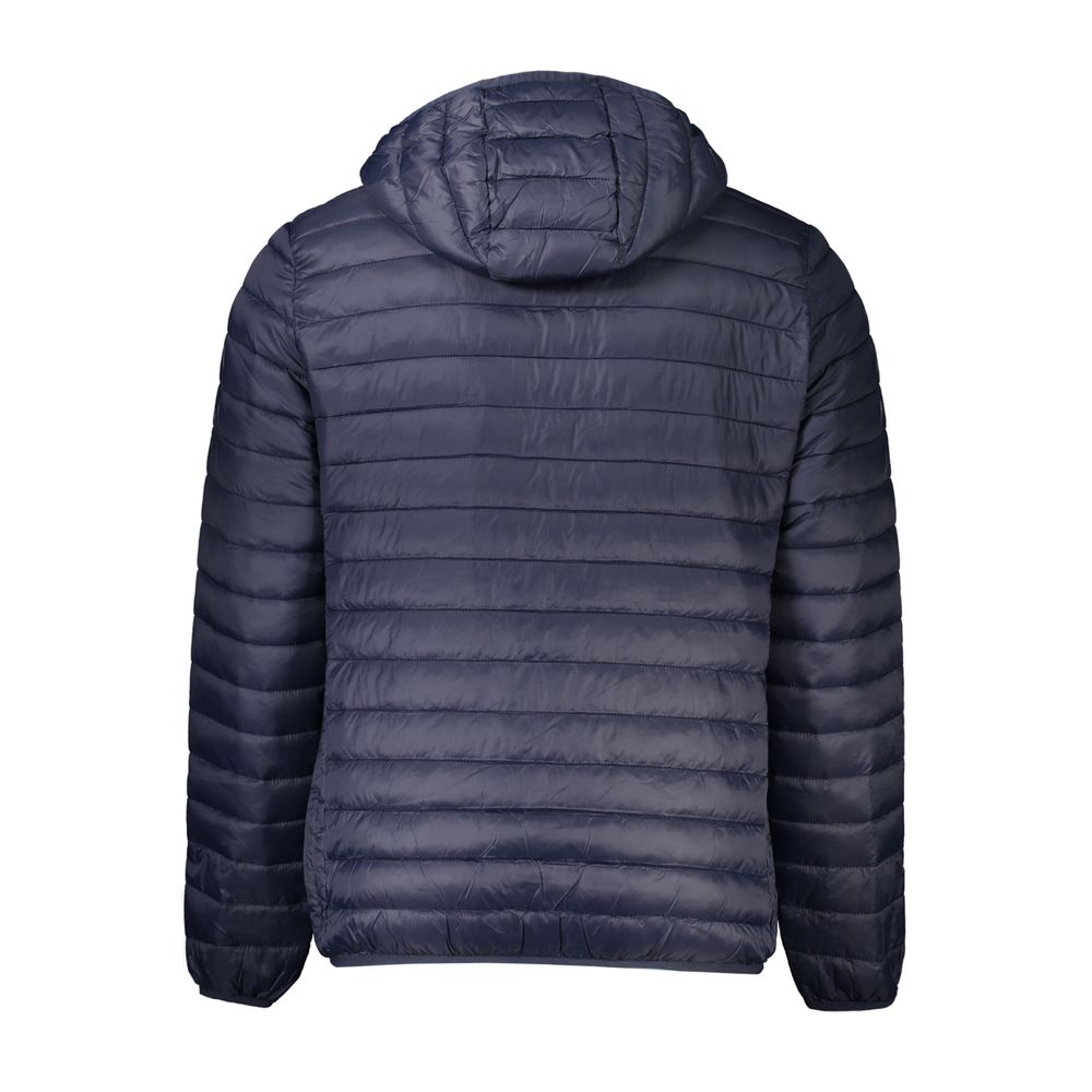 Cavalli Class Blue Polyamide Men Jacket with hood and light padding, showcasing sleek design and utility pockets, back view