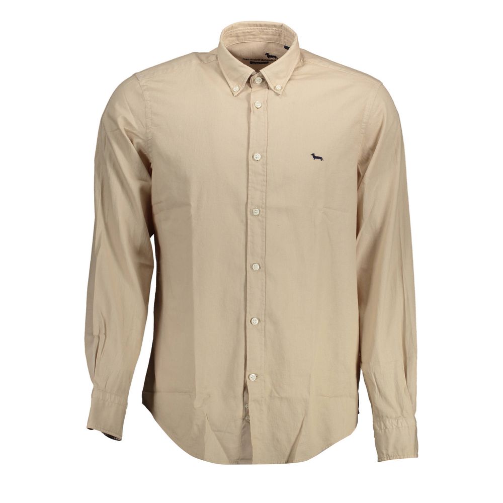 Harmont & Blaine Beige Cotton Men Shirt, long sleeve, button-down collar, elegant design featuring contrast inner cuffs.