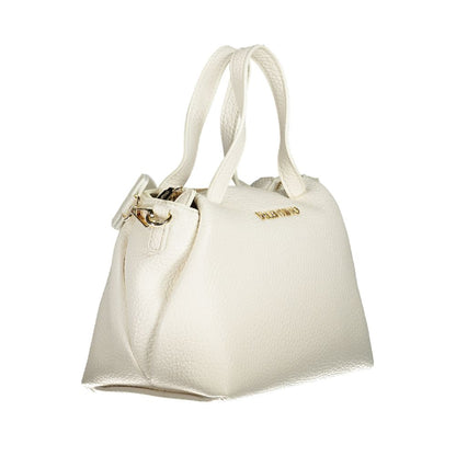 Mario Valentino White Polyethylene Handbag with two handles, adjustable strap, logo, and zip closure viewed from the side.