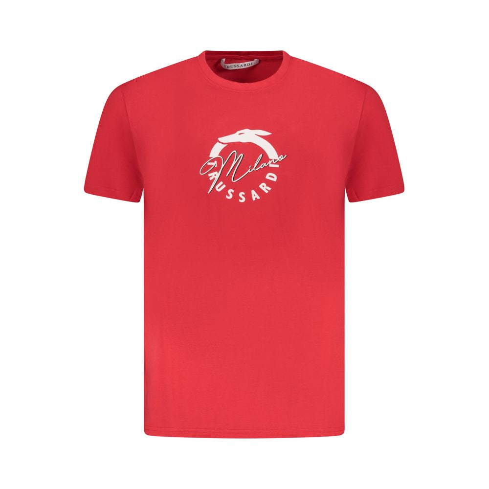 Trussardi Red Cotton Men T-Shirt with logo, classic crew neck, short sleeves, perfect for everyday wear.