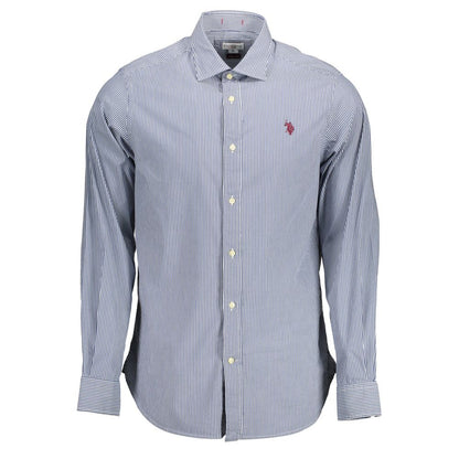 U.S. POLO ASSN. Blue Cotton Men Shirt featuring slim fit, French collar, long sleeves, and signature logo embroidery.