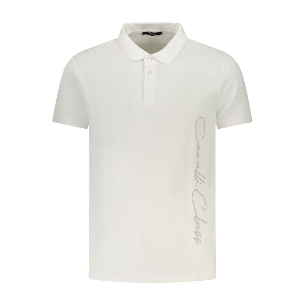 Cavalli Class White Cotton Men Polo Shirt with logo detail, short sleeves, and three-button design, showcasing timeless and modern style.
