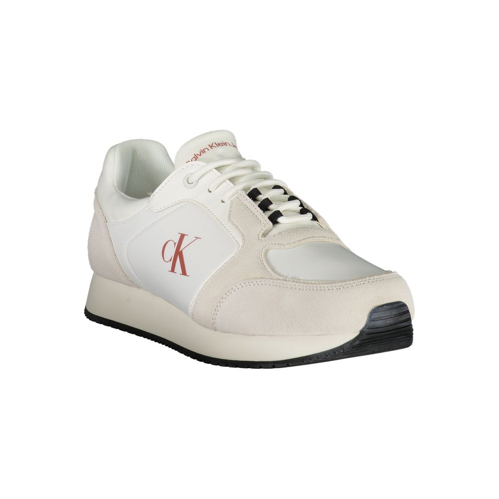 Calvin Klein White Leather Men Sneaker with CK logo, featuring a sleek design and removable insole for comfort, ideal for urban style.