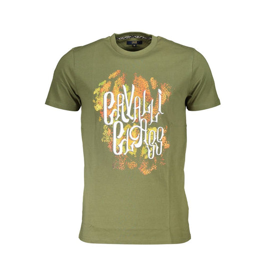 Cavalli Class Green Cotton Men T-Shirt with bold print and logo, short sleeve