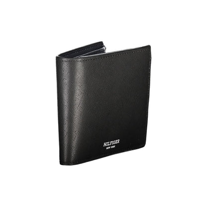 Tommy Hilfiger Black Leather Wallet with two compartments, coin purse, card slots, contrast details, and logo.