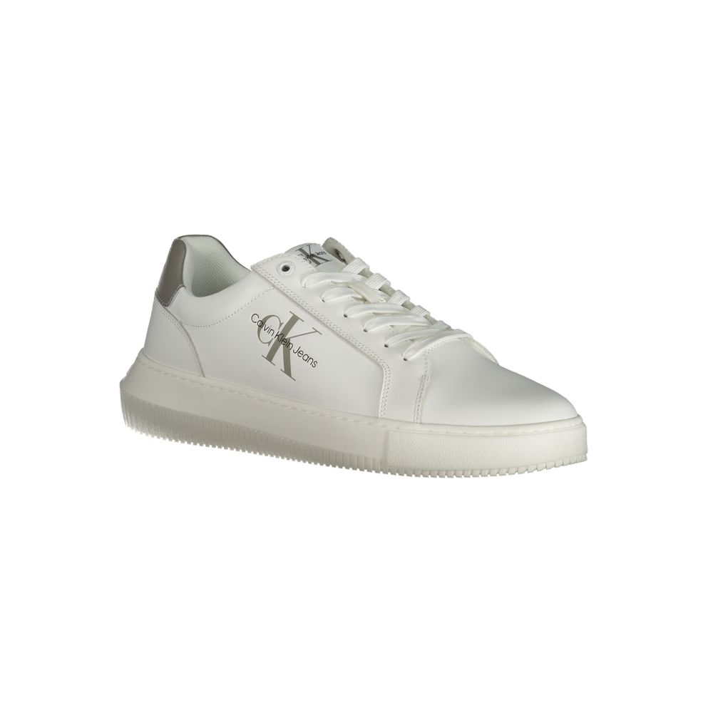 Calvin Klein White Leather Men Sneaker with a sustainable rubber sole and grey accents, ideal for modern style and comfort.
