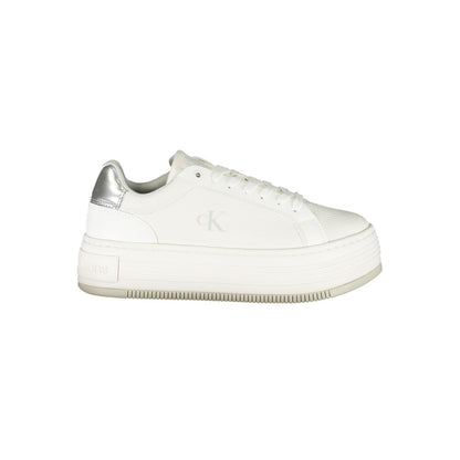 Calvin Klein White Leather Women Sneaker with silver accents and wedge heel.