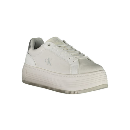 Calvin Klein White Leather Women Sneaker with 4 cm wedge heel and silver details, offering style and comfort for modern trendsetters.