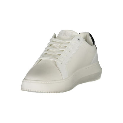 Calvin Klein White Leather Men Sneaker with black details, featuring a removable footbed and iconic CK logo for stylish versatility.