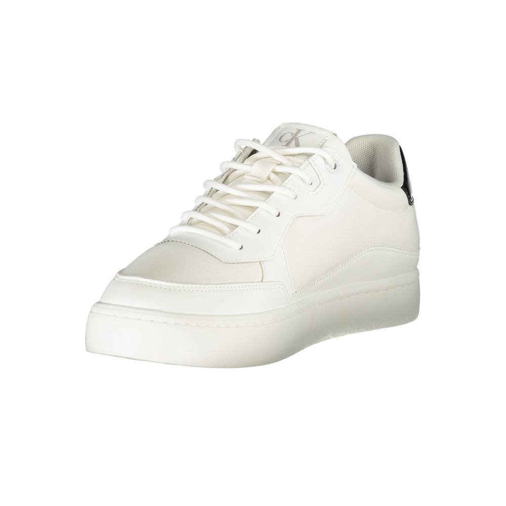 Calvin Klein White Polyester Men Sneaker with removable footbed and black accents showcasing iconic CK logo for fashion-forward style.