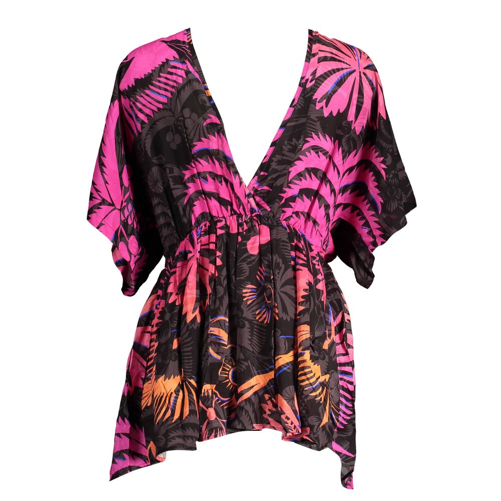 Desigual Black Cotton Women Dress with vibrant pink and orange floral patterns on a short V-neck style, highlighting a modern and bold design.