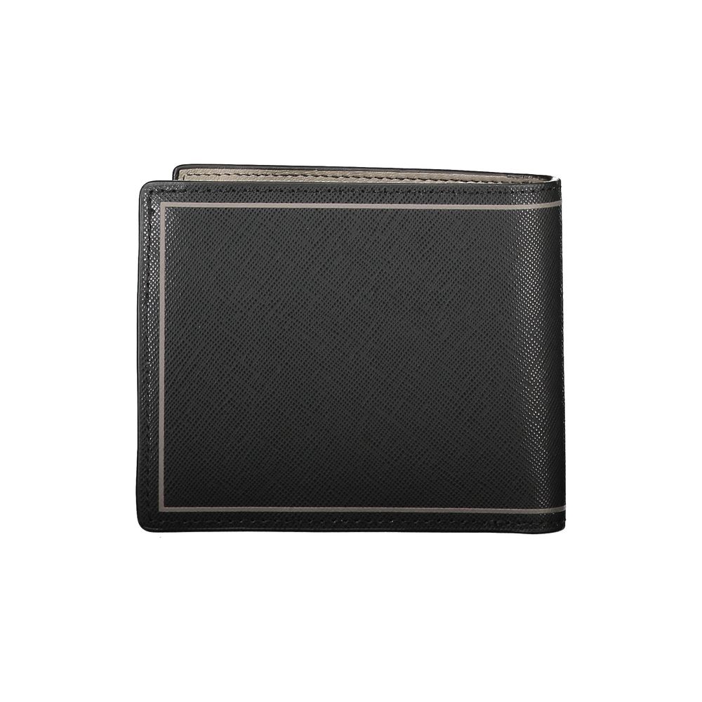 Tommy Hilfiger Black Leather Wallet with 2 compartments, coin purse, card slots, contrast details, and logo.