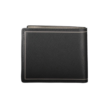 Tommy Hilfiger Black Leather Wallet with 2 compartments, coin purse, card slots, contrast details, and logo.