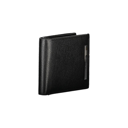 Calvin Klein Black Leather Wallet with 2 compartments, coin purse, card slots, RFID block, and logo.