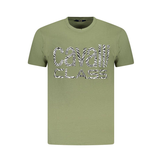 Cavalli Class Green Cotton Men T-Shirt with bold print and logo on a crew neck design for fashion-forward style.